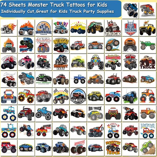 CHARLENT Monster Truck Temporary Tattoos for Kids Party Supplies - 74 Individually Sheets Monster Truck Tattoos for Boys Birthday Party Favors Goodie Bag Fillers