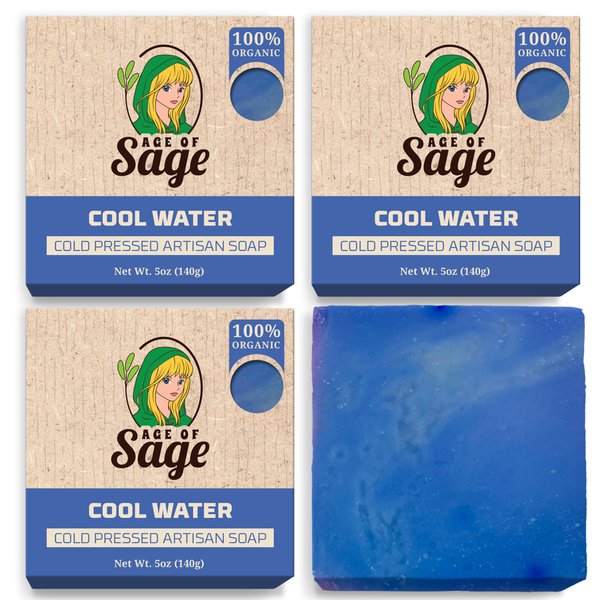Age of Sage Natural Bar Soap Gift Set for Men - Vegan Bath Handmade Cold Process Artisan Soap with Essential Oil, Aromatic All Moisturizing Wash Soaps, Fragrant Cool Water Scent (4 Pack)