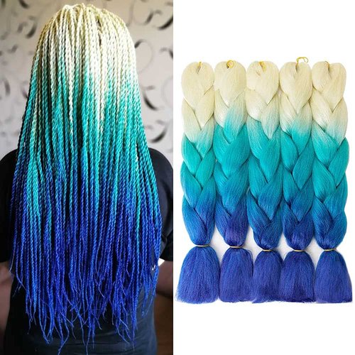 AIDUSA Color Braiding Hair Beige to Blue 5Pcs Synthetic Afro Braiding Hair Extensions 24 Inch 3 Tones for Women Twist Crochet Braids 100g (C24 Beige to Blue)