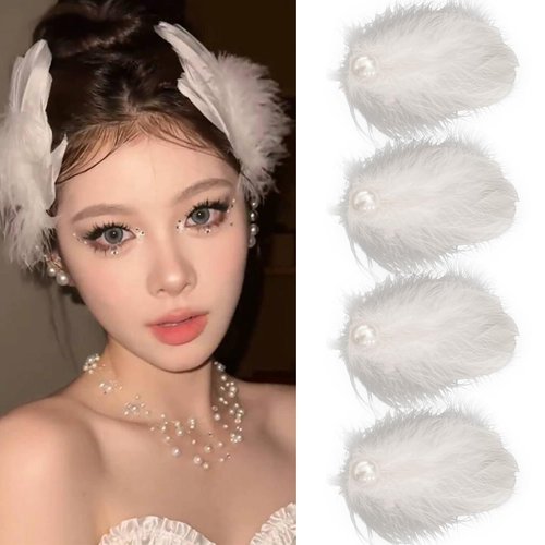 4Pcs White Feather Hair Clip Artificial Swan Ostrich Feather Faux Pearl Ballet Style Hair Pins Accessories for Women Girls Bride Party Festival Stage Performance Headpiece