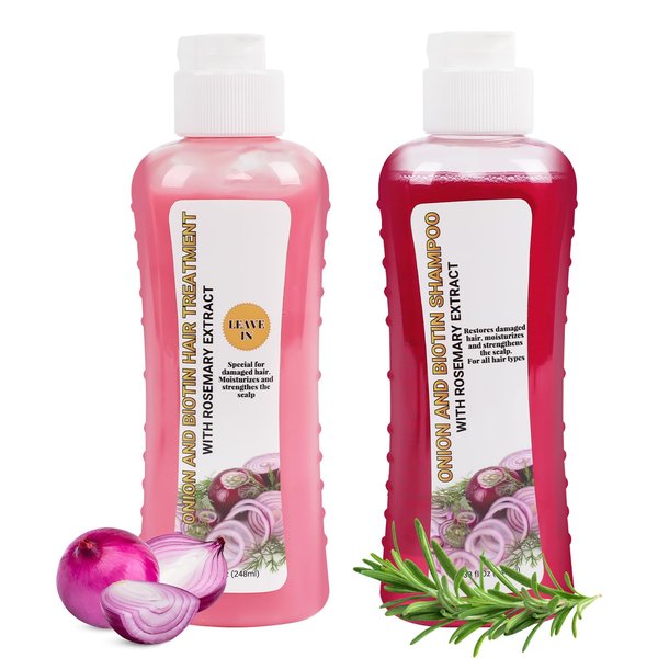 Generic Onion Biotin and Rosemary Moisturizing Hair Care Set - Shampoo, Conditioner and Treatment for All Hair Types, Pink