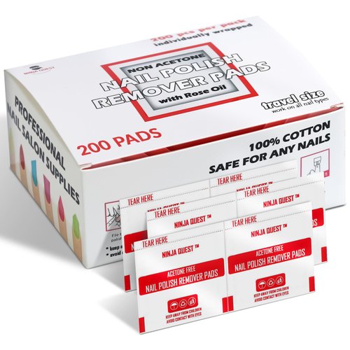 Nail Polish Remover Pads 100% Non Acetone - 200 Pack of Individually Wrapped Bulk Set Gel Nail Polish Remover Wipes - Fingernail Travel Kit to Clear Nail Polish for Home & Professional Removal