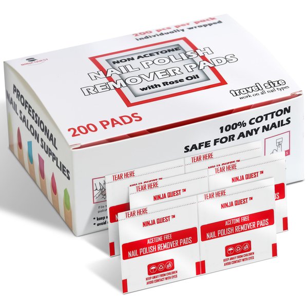Nail Polish Remover Pads 100% Non Acetone - 200 Pack of Individually Wrapped Bulk Set Gel Nail Polish Remover Wipes - Fingernail Travel Kit to Clear Nail Polish for Home & Professional Removal
