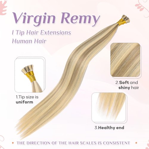 KiiKiiGirl Virgin Remy I Tip Hair Extensions Human Hair Blonde Highlight Golden Blonde Real Itip Human Hair Extensions 18Inch Pre Bonded I Tips Human Hair Extensions Blonde For Women 30G/Pack