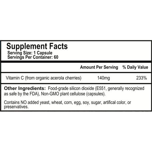 OPTIVIDA Vitamin C Plant-Based Complex: Natural Organic Acerola Cherry Extract - Vegan Supplement - Immune Support & Healthy Skin & Joints Antioxidant 60 Serv.