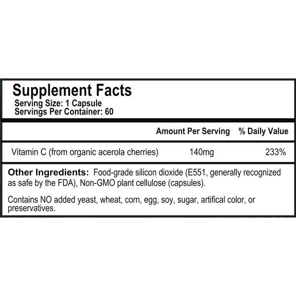 OPTIVIDA Vitamin C Plant-Based Complex: Natural Organic Acerola Cherry Extract - Vegan Supplement - Immune Support & Healthy Skin & Joints Antioxidant 60 Serv.