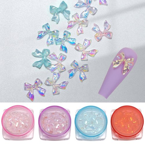 3D Bow Nail Charms 40 Pieces Colorful Aurora Butterfly Bowknot Nail Accessories with Pearls and Caviar Beads for DIY Acrylic Nail Art Decorative Supplies