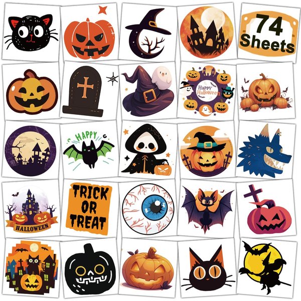 CHARLENT Halloween Temporary Tattoos for Kids - 74 Individually Sheets Halloween Pumpkin Bat Skeletons Tattoos for Boys Girls Halloween Party Favors Treats Goodie Bag Fillers