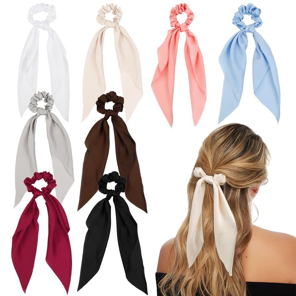 8 PCS Bow Hair Scrunchies Detachable Silky Satin Hair Ties for Women Girls Silk Hair Scrunchies with Long Ribbon Bows Ponytail Holder Elastic Hair Ties Knotted Bow Silk Hair Accessories