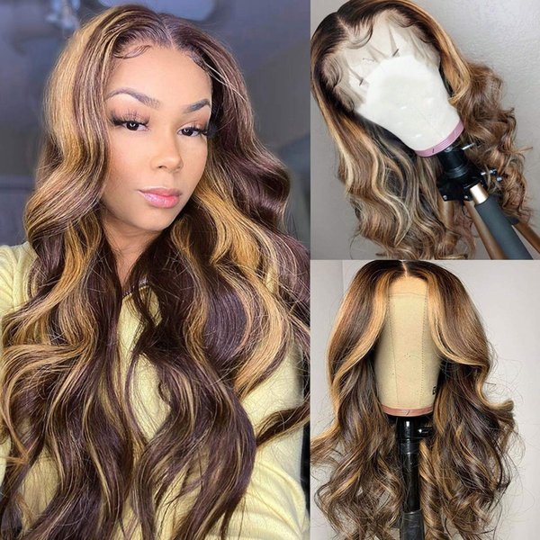YMS Human Hair Wigs 150% Density Lace Front Wigs for Black Women Highlihgt 4/27 Human Hair Lace Front Wigs (18 inch, 4/27 Highlight)