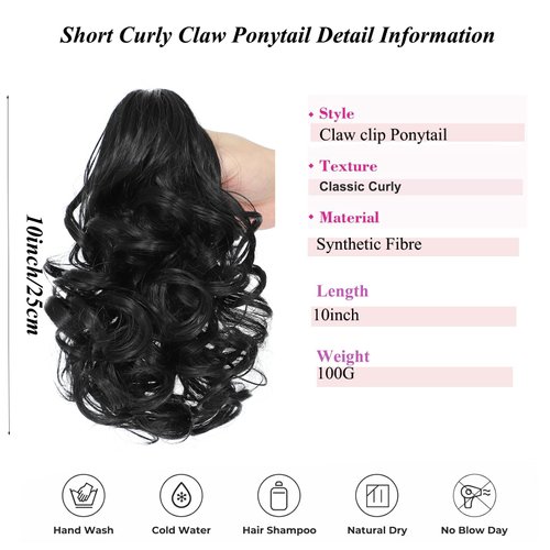 Dybst 12“Claw Curly Ponytail Extension Clip in Short Curl Wavy Pony Hair Extension Jaw Clip on Pony Tail Synthetic Short Wave Hairpiece for Women (#1B)