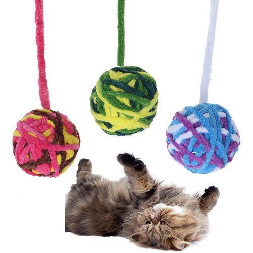 Cat Interactive Toys for Indoor Cats Chasing, 3 Pack Colorful Woolen Cat Ball Toy with Bells