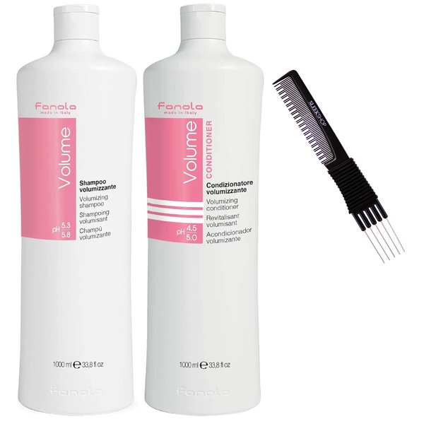 Sleekshop Comb + FanoIa VOLUME Volumizing Shampoo & Conditioner Duo Set Kit for Full, Thick Hair from the Roots (w/SLEEKSHOP Premium Carbon Teasing Comb) (Shampoo (33.8 oz) + Conditioner (33.8 oz))