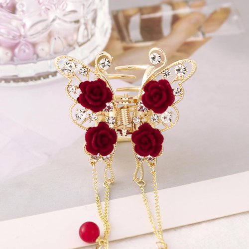 Red Rose Butterfly Gold Hair Claw Clips Metal Shark Clip Exquisite Hairpin for Women Girls Rose Tassels Hair Accessories for Thick Thin Hair Valentine's Day Gift 1 PCS