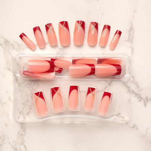 Medium Press on Nails Long Square Fake Nails Red French Tip Glue on Nails with Glitter and Curve Stripes Designs False Nails Full Cover Glossy Acrylic Stick on Nails for Women and Girls 24PCS