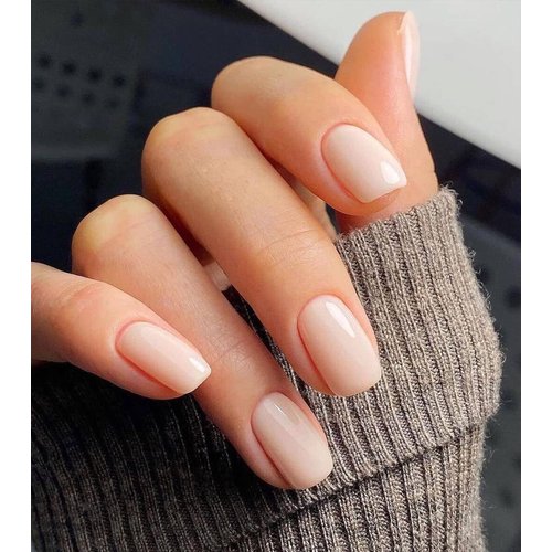 Morily Press on Nails - Nude Fake False Nails Short Square, Solid Color Glossy Squoval Stick on Fingernails for Women - 24Pcs in 12 Sizes