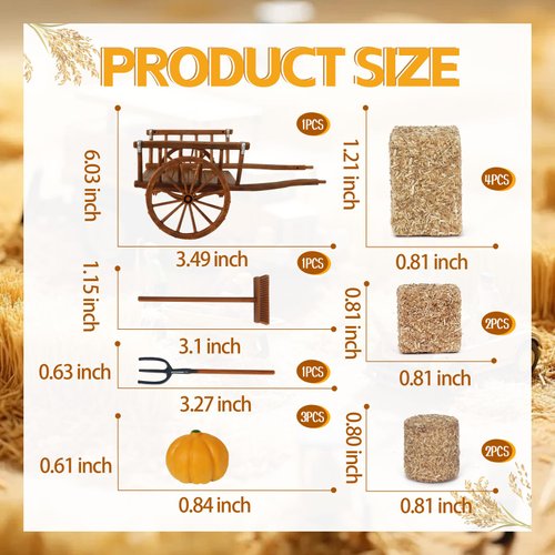 Hiawbon 14Pcs Mini Hay Bales Set, Miniature Farming Cart Straw Hay Figure Miniatures Pumpkins, Simulation Cart Farm Playset for Western Party Decoration Autumn Harvest Wedding Party