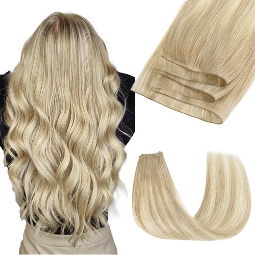 GOO GOO Genius Weft Hair Extensions Human Hair, Sew In Hair Extensions Rooted Remy Weft, 18ET90A Natural Blonde Balayage 14inch 40g, Hand Tied Weft Hair Extensions
