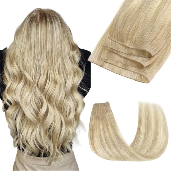 GOO GOO Genius Weft Hair Extensions Human Hair, Sew In Hair Extensions Rooted Remy Weft, 18ET90A Natural Blonde Balayage 14inch 40g, Hand Tied Weft Hair Extensions