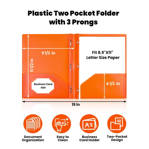 SUNEE 3-Prong Plastic Folders with Pockets (6 Pack, Assorted Colors) 2 Pocket Folders with Fasteners, Tear-Resistant Plastic Pockets, and Fit Letter Size Paper, Use for School Office Home Business