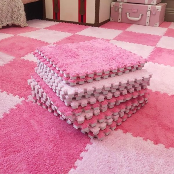 Typutomi 12pcs Plush Puzzle Foam Floor Mat, Soft Thicken Fluffy Interlocking Square Foam Tiles Area Rugs Carpet for Parlor Bedroom Decoration(11.8x11.8x0.55in,Rose Red&Pink)