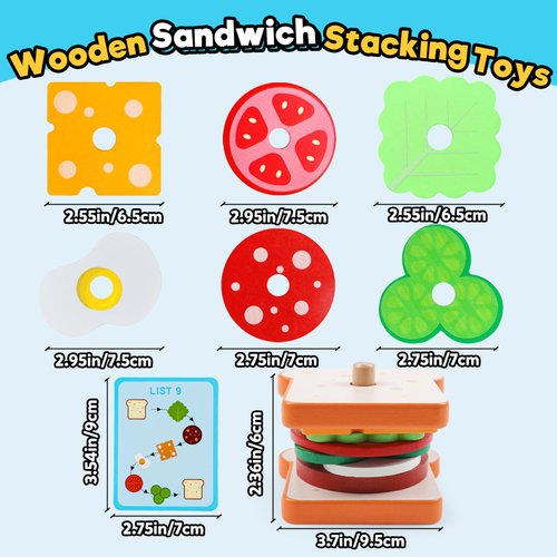 kizh Wooden Sandwich Sorting Stacking Toys Play Food Set for Toddlers Preschool Educational Montessori Toys Fine Motor Toys for Kids Boys Girls