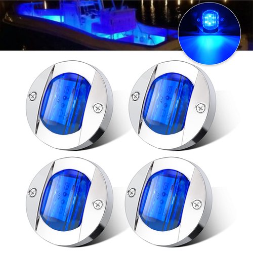 ALFU 4PCS Blue DC12V 6 LED Side Marker Light Navigation Lights Waterproof Marine Boat Yacht Round Transom Anchor Stern Lights Lamp Courtesy Light with Chrome Bezel