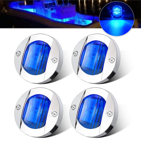 ALFU 4PCS Blue DC12V 6 LED Side Marker Light Navigation Lights Waterproof Marine Boat Yacht Round Transom Anchor Stern Lights Lamp Courtesy Light with Chrome Bezel