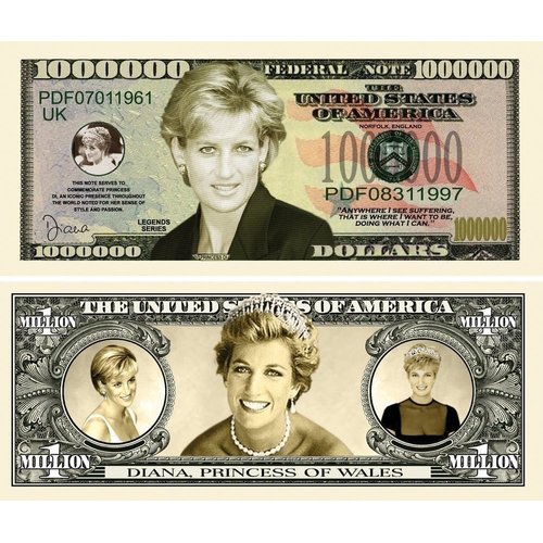 25 Princess Diana Million Dollar Bills with Bonus “Thanks a Million” Gift Card Set