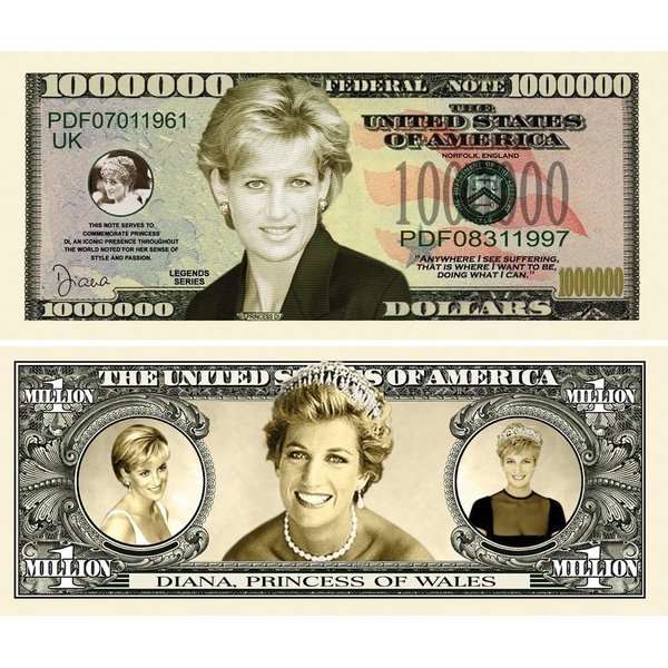 25 Princess Diana Million Dollar Bills with Bonus “Thanks a Million” Gift Card Set
