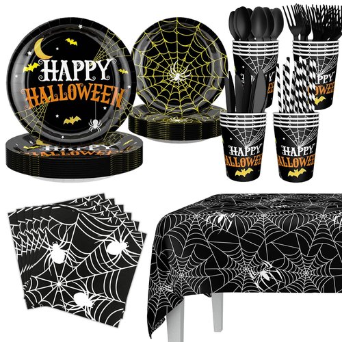 AIBIIN Black Halloween Party Tableware Set for 16 Guests Supplies Happy Halloween Paper Plates Cups Towels Plastic Knives Forks Spoons Straws Tablecloth Party Decor supplies for Kids Adult