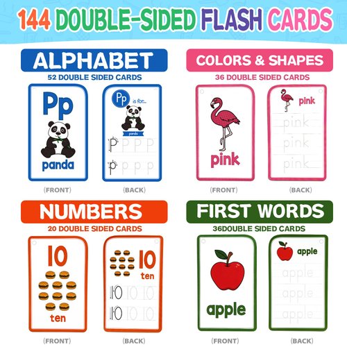 TUNJEJINY Toddler Flash Cards,144 PCS Alphabets, Numbers,Colors&Shapes, First Words with Tracing and Wiping Preschool Learning Toddler Activities Kindergarten Educational Toys