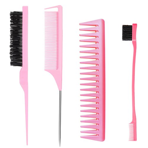 Styling Comb Set 3PCS - Teasing Brush, Rat Tail Comb, Edge Brush for Women, Girls, Kids - Braiding and Backcombing Tools (Pink)
