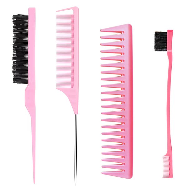 Styling Comb Set 3PCS - Teasing Brush, Rat Tail Comb, Edge Brush for Women, Girls, Kids - Braiding and Backcombing Tools (Pink)
