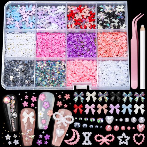 Teenitor 3000+ 3D Nail Charms and Gems, Flower Nail Art Charms Bow Charms for Nails, Nail Rhinestones Nail Pearls for Acrylic Nails, Nails Charms Bulk