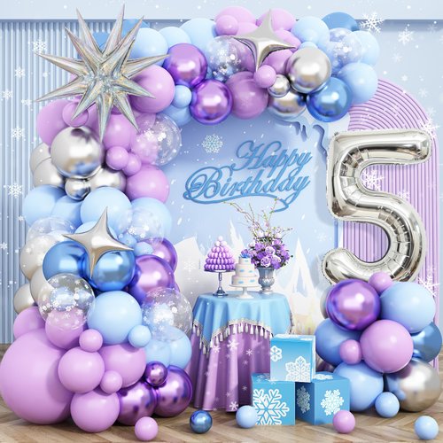 Frozen 5th Birthday Decorations Girl, Frozen Snowflake Balloon Garland Arch Kit, Laser Explosion Star Balloons, Silver Number 5 Balloon Tower for Baby Shower Girls 5th Frozen Elsa Theme Party Supplies
