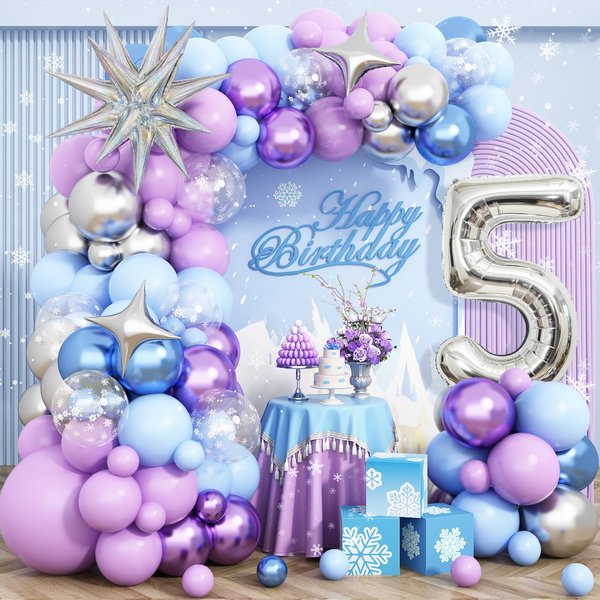 Frozen 5th Birthday Decorations Girl, Frozen Snowflake Balloon Garland Arch Kit, Laser Explosion Star Balloons, Silver Number 5 Balloon Tower for Baby Shower Girls 5th Frozen Elsa Theme Party Supplies