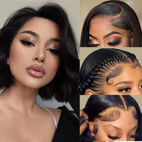Srakuw Bob Wig Human Hair 13x4 Lace Front Wigs for Black Women Human Hair Pre Plucked 180% Density Short Bob Wig Brazilian Wet and Wavy Human Hair Wigs HD Lace Frontal Wigs (10 Inch)