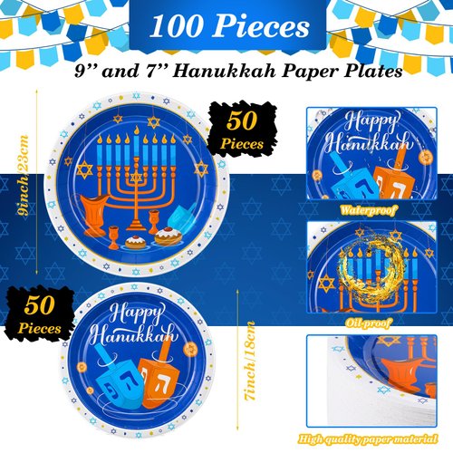 Maxcheck 100 Pcs Hanukkah Paper Plates 9" and 7" Disposable Hanukkah Dinner Plates Happy Hanukkah Blue and White Chanukah Themed Party Supplies Favors Decorations