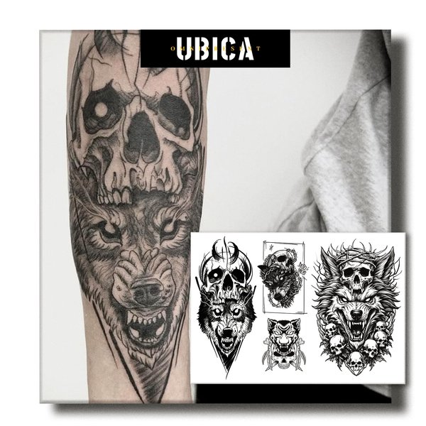 UBICA Temporary Tattoos Adult, 2 Sheets Fake Tattoos, Realistic And Long-Lasting Non-Reflective, Waterproof For 1-2 Weeks, wolf Tattoos 4.7x6.8in