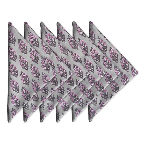 Thin Cotton Dinner Napkins 18x18 in- Washable Cloth Soft Napkins Set of 6 - Everyday Use or Dinner Party and Events - Grey and Pink Floral Lightweight Indian Block Print Soft Fabric by Craftbot, Gray