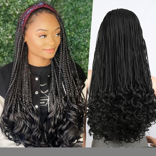 Mayouda Headband Black Box Braids Wig With Curly End Wear and Go Glueless Wig Box Braided Wig Wit...