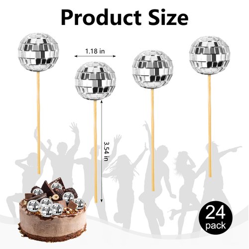 24 Pcs Disco Ball Cupcake Toppers, Birthday Cake Topper Mini Disco Ball Cake Picks Disco Theme Decorations for 1970s Disco Party Favor
