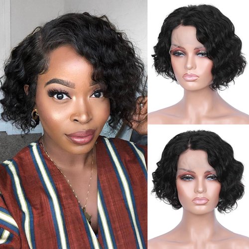 FAVE Short Curly Lace Front Wig Human Hair 150% Density C-Shaped Side Part Water Wave lace Front Wigs Human Hair Pre Plucked 8 Inch Pixie Cut Wig Human Hair Short Curly Wigs for Black Women (1B)