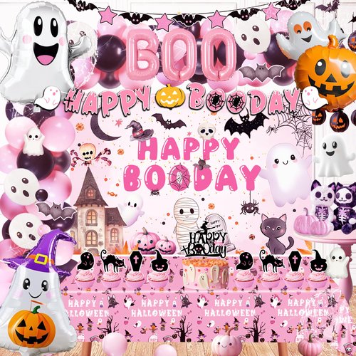 Happy Boo Day Party Decorations Kit, Pink Black Halloween Party Supplies Halloween Happy Booday Backdrop Banner Cake Cupcake Toppers Backdrop Tablecloth Cutout Spider Web for Halloween Party Ghost