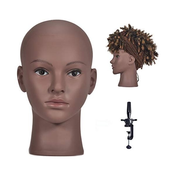 Afro Cosmetology Mannequin Head Bald Manikin head for Wigs Making Wig Display Hat Display Glasses Display with Free Clamp