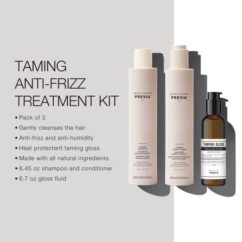 PREVIA Smoothing Taming Hair Kit Anti-Frizz Shampoo and Conditioner 8.45 oz Each with Taming Gloss Frizzy Hair Treatment 6.7 oz Vegan Formula for Smooth Shiny Hair Frizz and Static Control