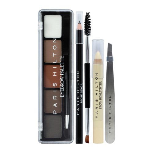 Paris Hilton Brow Collection Set - Eyebrow Makeup Palette with Brow Powder, Pencil, Highlighter,Spoolie,Tweezer - Waterproof Long Lasting Professional Kit for Women - Shape, Define Natural Look- 5 pcs