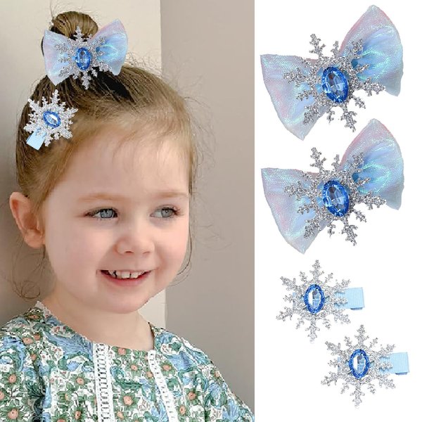 FULYA 4PCS Snowflake Hair Clips Blue Hair Bow Clips Glitter Snowflake Tulle Hair Bow Snowflake Hairpins Blue White Christmas Hair Accessories for Women Princess Holiday Party Gifts