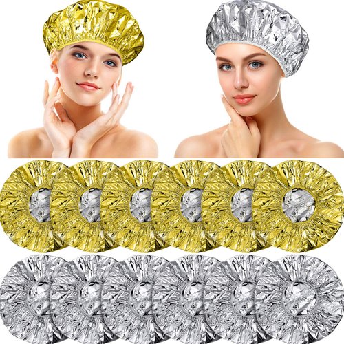 12 Pieces Deep Conditioning Caps Aluminum Foil Reusable Hair Processing Caps Hair Coloring Shower Caps for Home Salon Use (Golden, Silvery, 12 Inch)